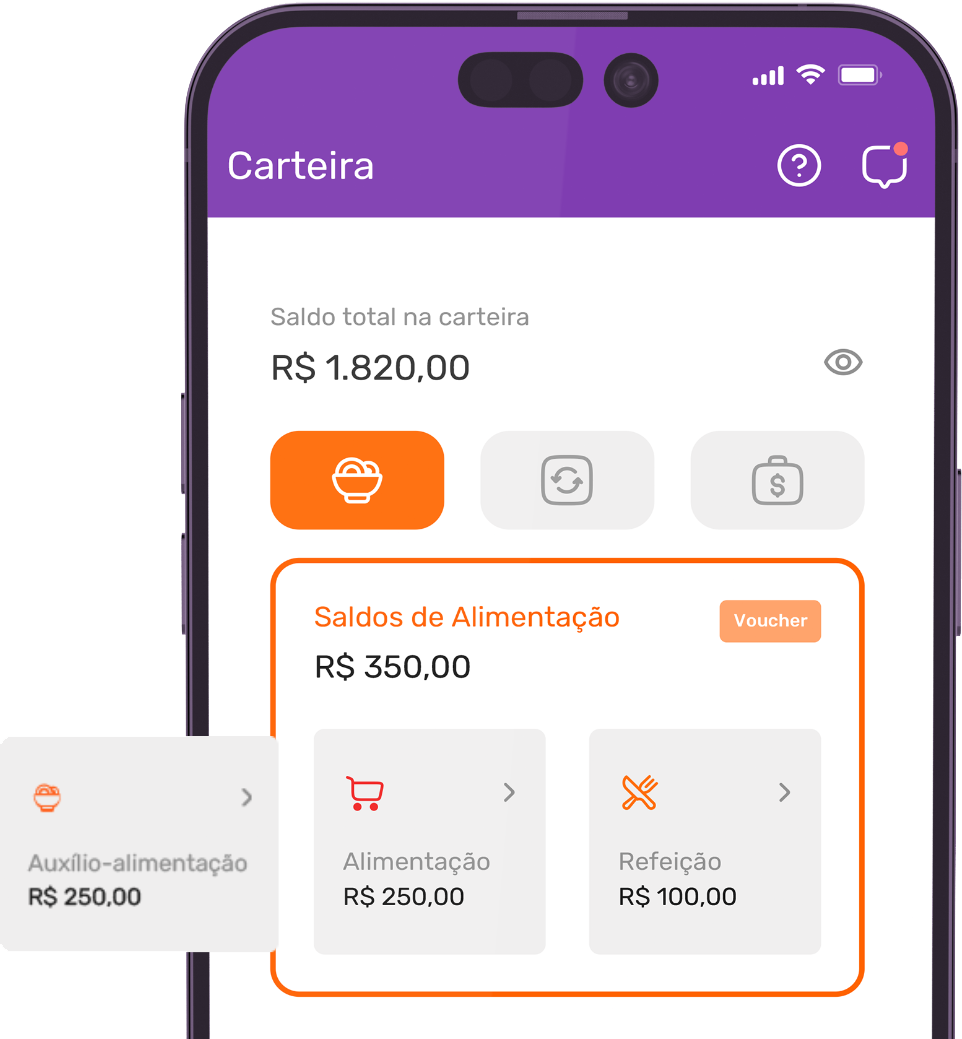 Tela do aplicativo Benê mostrando os saldos de alimentação